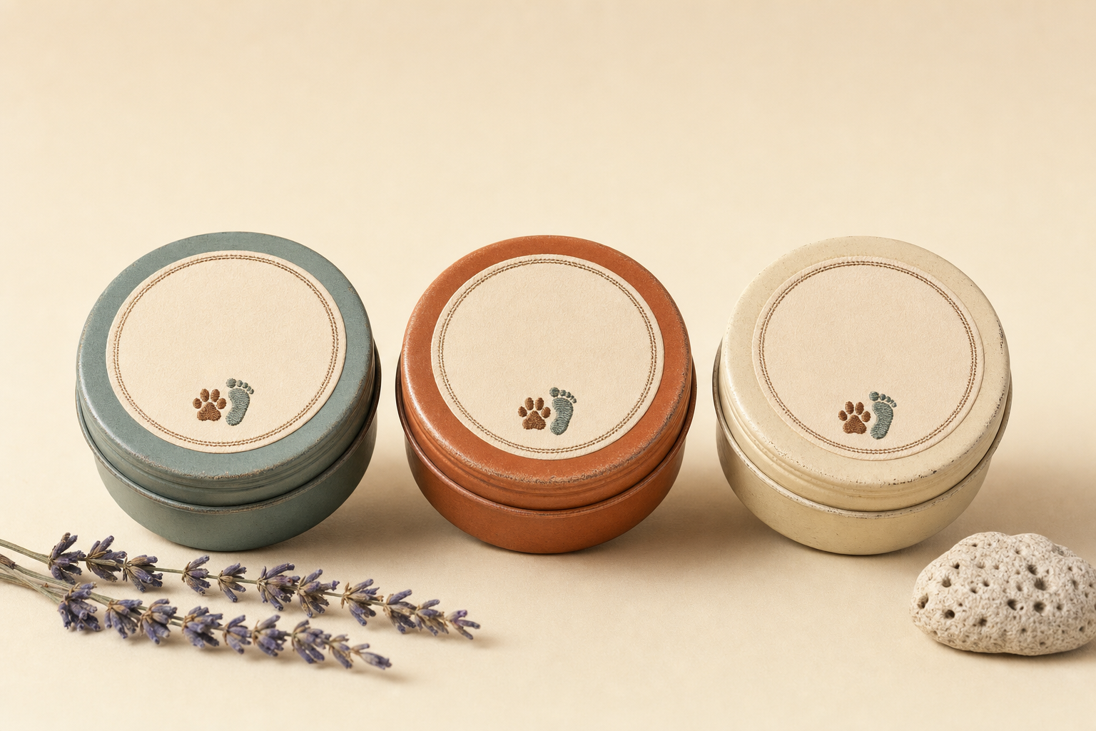 Three apothecary tins in teal, terracotta, and cream with paw-and-foot emblems